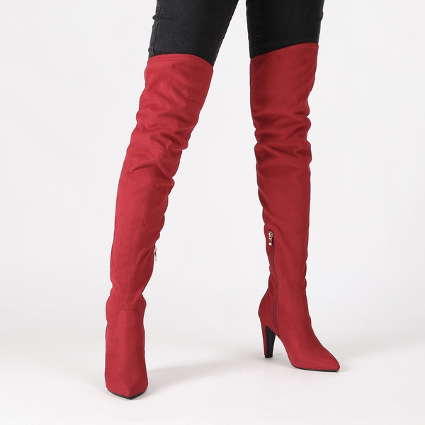 Thigh High Heeled Boots - RED SUEDE - 2